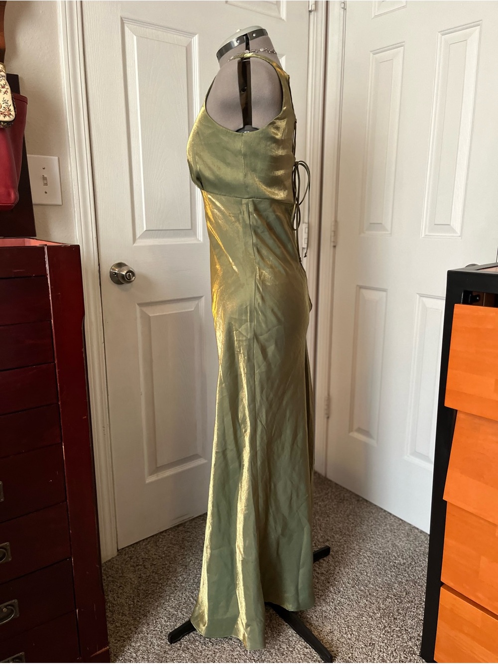 1990s Roberta Shimmery Satin Formal Dress, Metallic Green, Size 7/8 - Picture 2 of 9